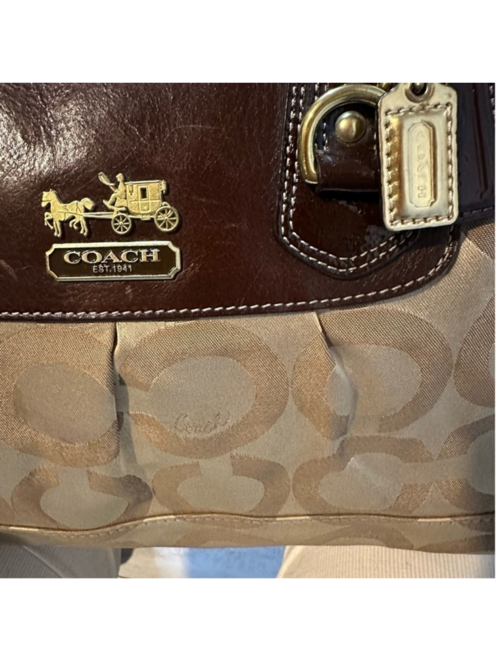 COACH Large Brown Leather and Tan Fabric Signature Canvas Satchel - Picture 3 of 10